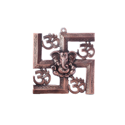 Lord Ganesha on Om Swastik Metal Wall Hanging