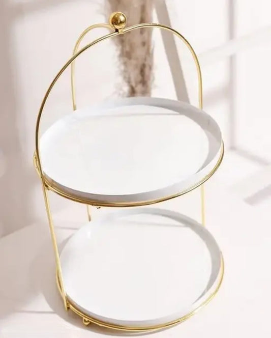 Handicrafts White and Gold Metal Cake Stand Snack Platter