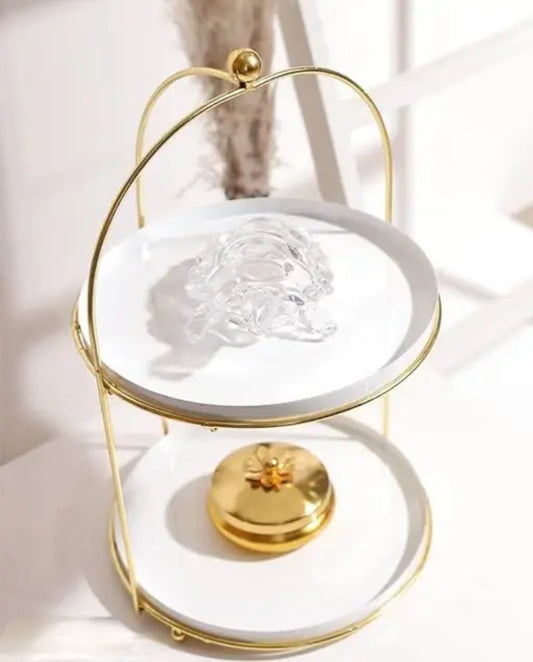 Handicrafts White and Gold Metal Cake Stand Snack Platter